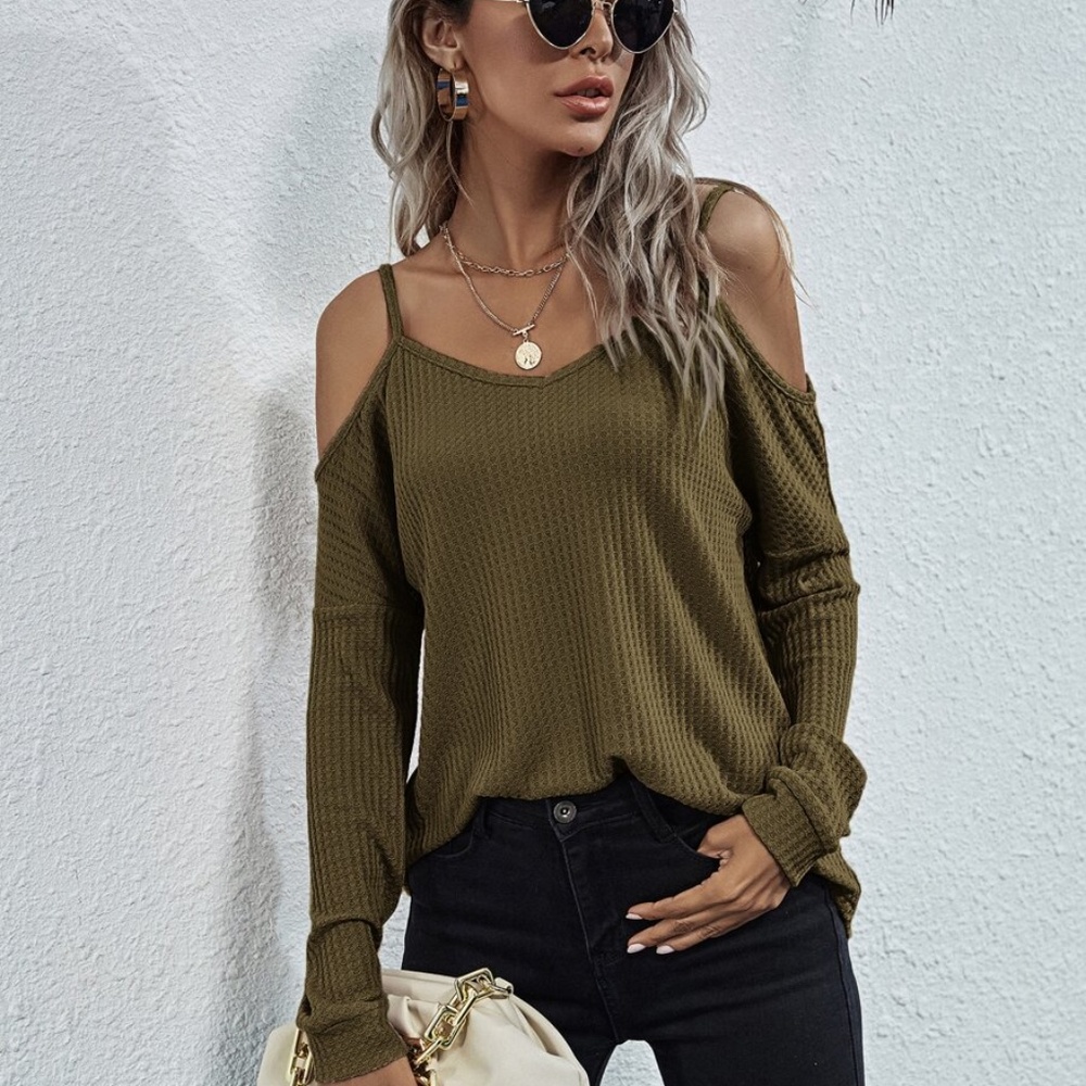 Khaki off shoulder waffle long sleeve knit top - Picture 14 of 16